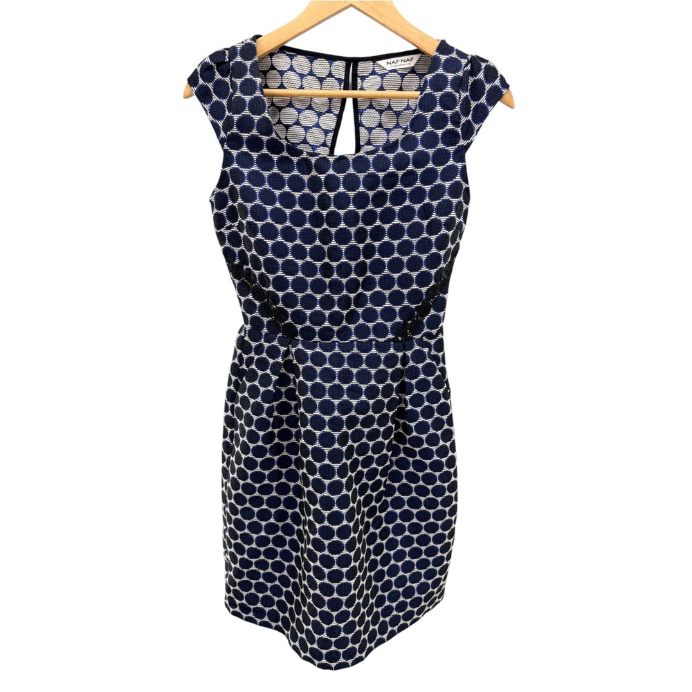 Naf Naf Blue Gold Geometric Metallic Shift Dress Cap Sleeve Retro Mod 34 New